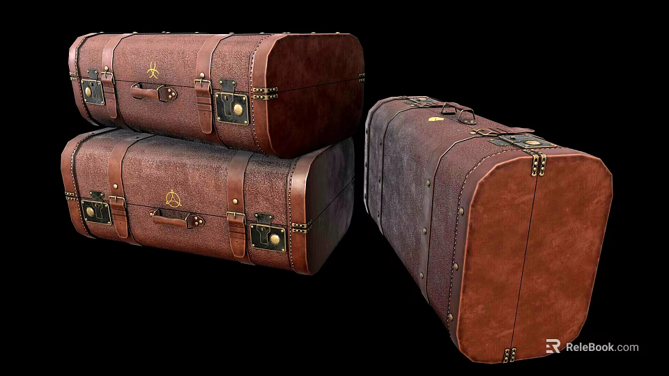 Vintage Leather Suitcases with Metal Buckles and Retro Design Stacked in Classic Arrangement 3d model 