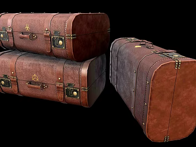 Vintage Leather Suitcases with Metal Buckles and Retro Design Stacked in Classic Arrangement 3d model
