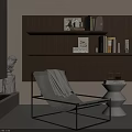 Stylish Modern Leisure Chair in Interior with Grey Blanket Brown Shelves and White Table