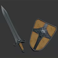 Medieval Silver Sword With Orange Hilt And Ornate Orange Shield Design