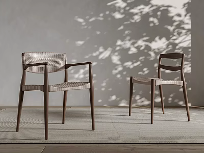 Modern Woven Accent Chairs with Wooden Frame and Tree Shadow in Natural Light 3d model