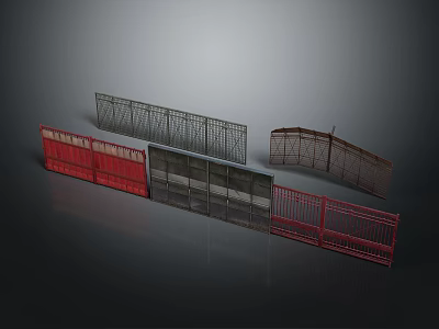 Diverse Metal Fence Components Featuring Red Gates Curved Grids And Panels 3d model