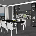 Modern Restaurant Interior With Large Windows Scenic View Dining Table And Glass Cabinets