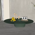 Green Round Coffee Table With Lemon Fruits Golden Decorative Items Calendar And Book