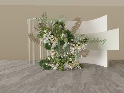 Elegant Modern Wedding Floral Installation With White Green Flowers Curved Panel And Metal Lines 3d model