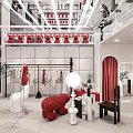 Modern Clothing Store Interior With Red Bear Sculptures White Clothes And Display Racks