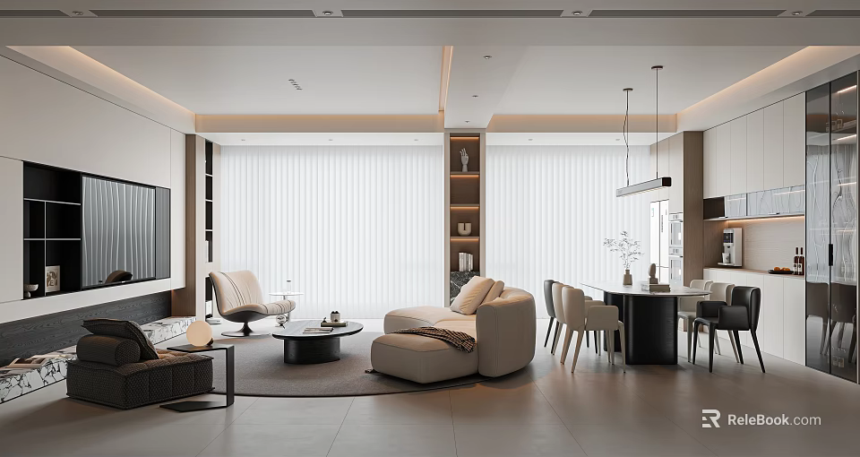 Bright Modern Living Dining Space Interior With Sofa Coffee Table TV Dining Table And Chairs 3d model