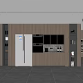 Modern Kitchen Interior With Wooden Cabinets Refrigerator Microwave And Wine Storage