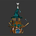 Cartoon Fairy House Scene With Green Leaf Roof Blue Door Wooden Structure And Crescent Moon Decoration