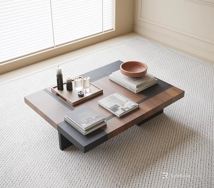 Modern Minimalist Wooden Coffee Table With Stacked Books Decorative Tray And Ceramic Bowl 3d model 