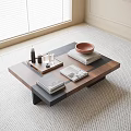 Modern Minimalist Wooden Coffee Table With Stacked Books Decorative Tray And Ceramic Bowl