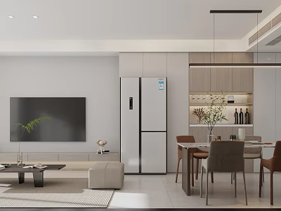Minimalist Modern Living Dining Room Interior Design With TV Refrigerator And Dining Table Chairs 3d model