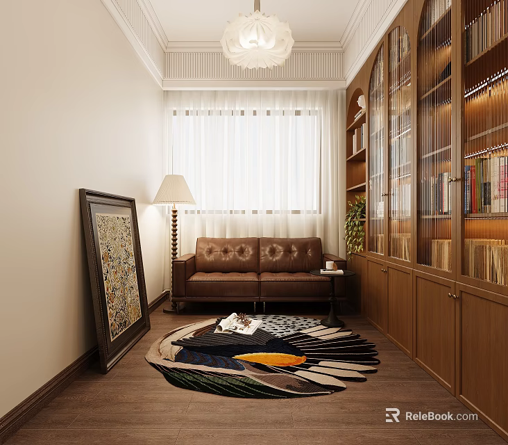 Cozy Study Room Interior Design With Wooden Bookshelves Brown Sofa Floor Lamp And Round Rug 3d model 