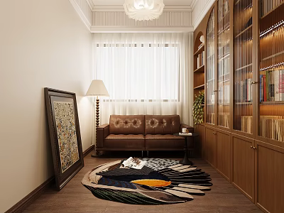 Cozy Study Room Interior Design With Wooden Bookshelves Brown Sofa Floor Lamp And Round Rug 3d model