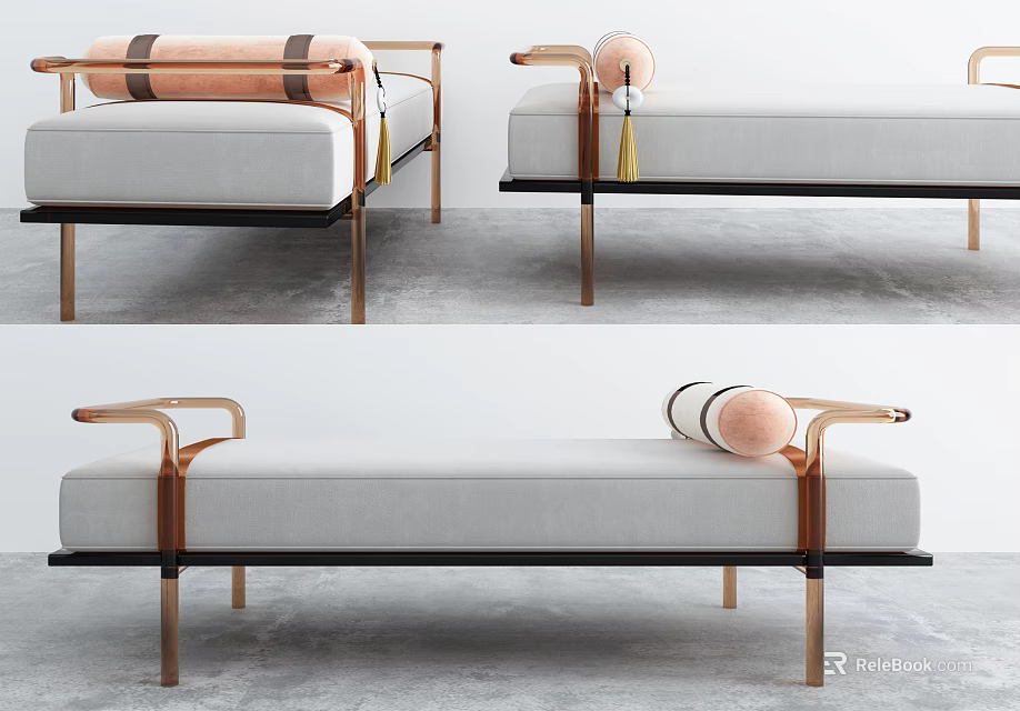 Modern Fabric Ottoman With Metal Legs And Decorative Rolled Cushion Design 3d model 