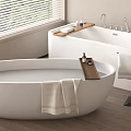 Modern Freestanding Bathtub in Contemporary Bathroom Interior with Wooden Tray Towels Faucet and Window Blinds