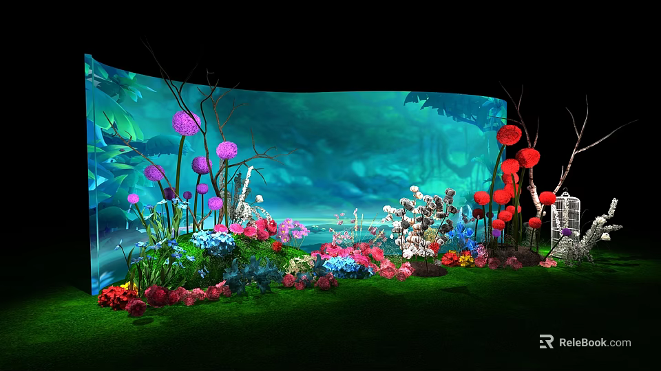 Vibrant Decorative Floral Scene With Colorful Flowers Green Grass And Backdrop 3d model 