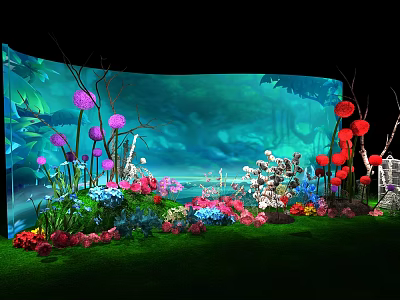 Vibrant Decorative Floral Scene With Colorful Flowers Green Grass And Backdrop 3d model