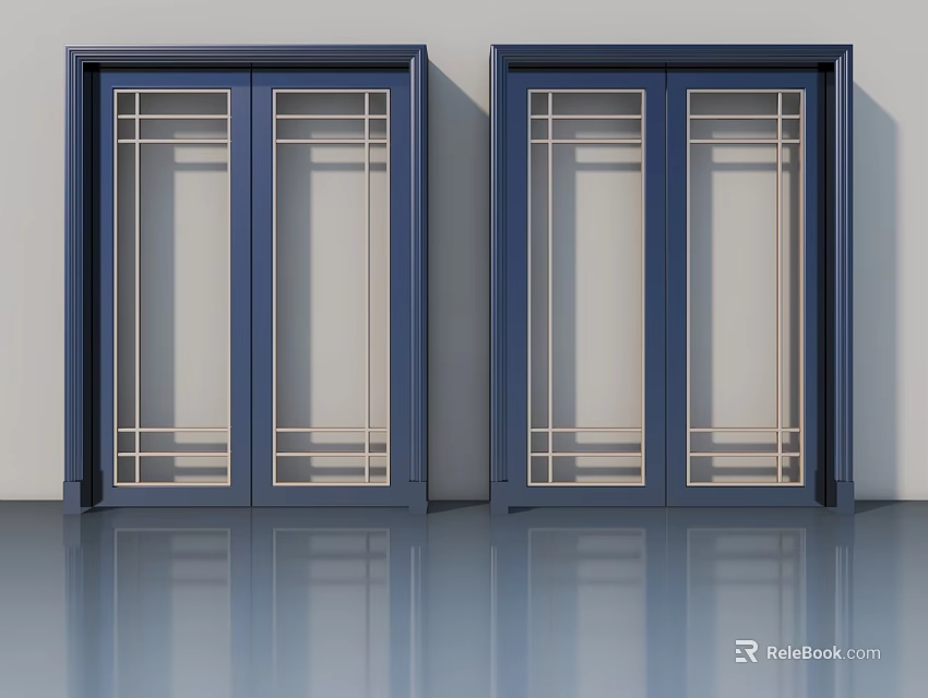 Modern Blue Swing Doors With Glass Panels And Frame Design 3d model