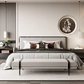 Elegant Modern Bedroom Interior With Bed Circular Artwork Nightstands Bench At Foot Rug And Armchair