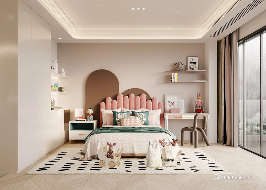 Kids Room Interior With Pink Tufted Headboard Green Bedding Shelves Desk And Patterned Rug 3d model 