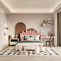 Kids Room Interior With Pink Tufted Headboard Green Bedding Shelves Desk And Patterned Rug