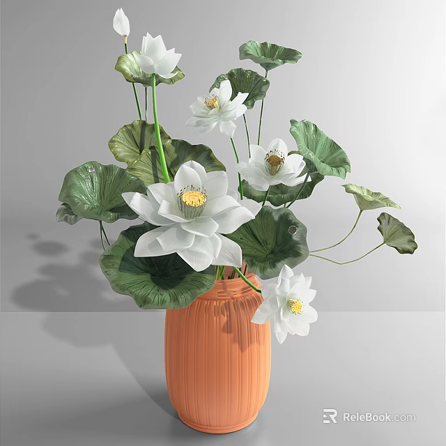 White Lotus Flowers In Orange Vase With Green Leaves Decoration 3d model 