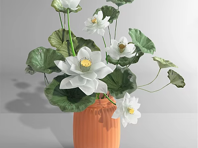 White Lotus Flowers In Orange Vase With Green Leaves Decoration 3d model