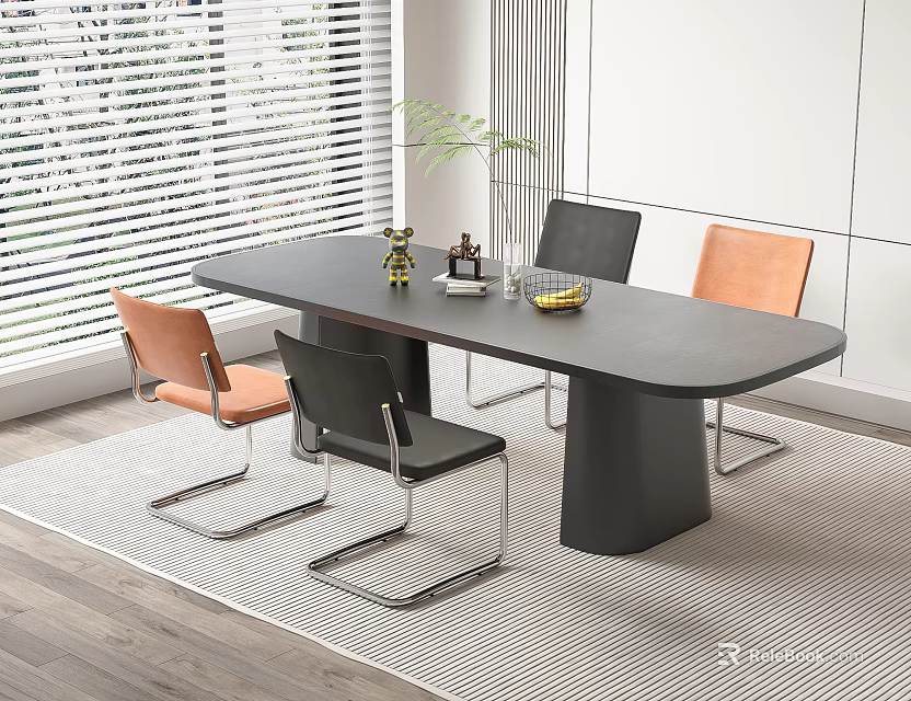 Modern Dining Table Set With Black Table Orange Black Chairs And Metal Legs 3d model 