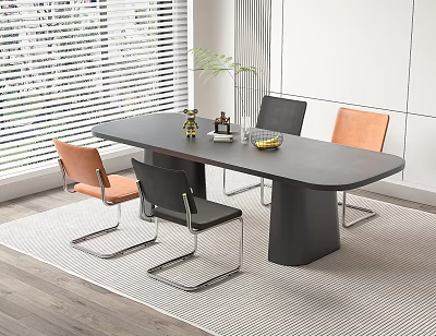 Modern Dining Table Set With Black Table Orange Black Chairs And Metal Legs 3d model