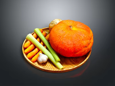 Ripe Fresh Pumpkin Fruit with Carrots Celery Garlic and Onion on Wooden Plate 3d model
