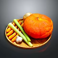 Ripe Fresh Pumpkin Fruit with Carrots Celery Garlic and Onion on Wooden Plate