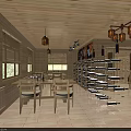 Wooden Bar Interior with Pendant Lights Bar Counter Wine Racks Wheel Decorations and Flooring