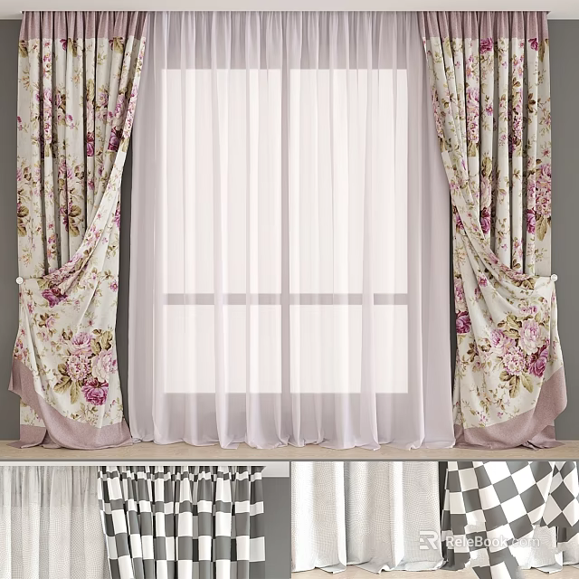 Elegant Floral Pattern Curtains With Sheer White Panels And Side Drapes For Window Decoration 3d model 