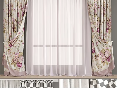 Elegant Floral Pattern Curtains With Sheer White Panels And Side Drapes For Window Decoration 3d model