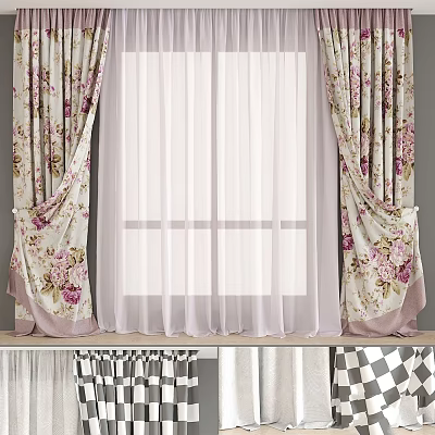 Elegant Floral Pattern Curtains With Sheer White Panels And Side Drapes For Window Decoration 3d model