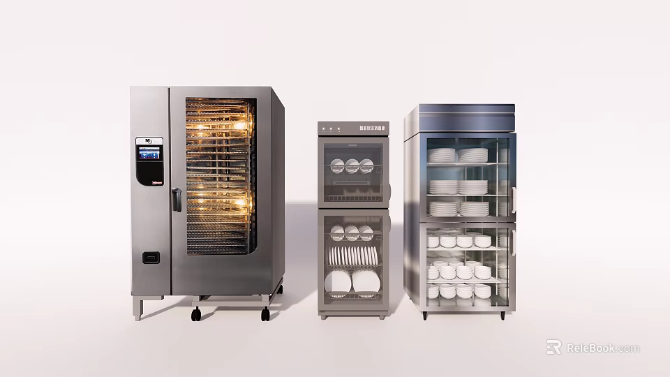 Modern Kitchen Appliances in Stainless Steel with Glass Doors and Storage Shelves 3d model 