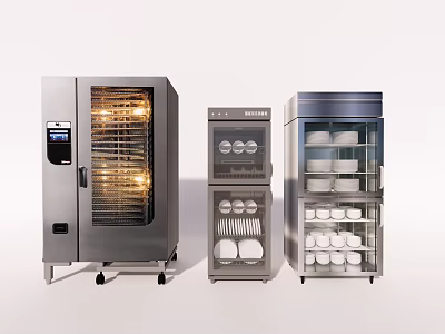 Modern Kitchen Appliances in Stainless Steel with Glass Doors and Storage Shelves 3d model