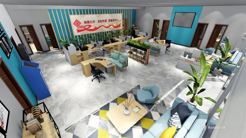 Cozy Modern Lounge Area With Comfortable Sofas Coffee Tables And Green Plants 3d model 
