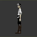 3D Animated Character With White Top Black Pants And Brown Boots Standing In Gray Background