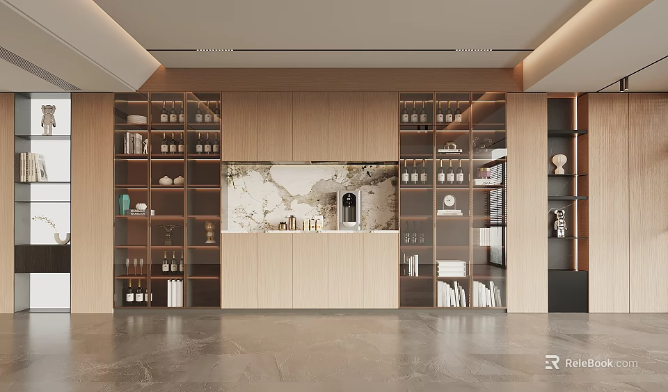 Modern Wine Cabinet Interior Design With Wooden Frame Glass Shelves Wine Bottles And Decorative Items 3d model 