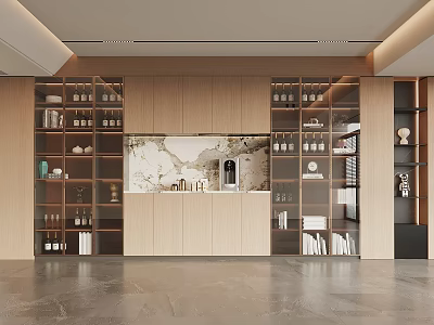 Modern Wine Cabinet Interior Design With Wooden Frame Glass Shelves Wine Bottles And Decorative Items 3d model