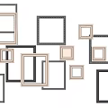 Multiple Square Photo Frames With Various Sizes In Black And Gold Hanging On White Wall