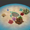 Sea Turtle As Reptile Swimming In Blue Water With Red Coral On Sandy Bottom