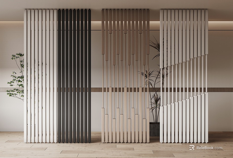 Modern Room Dividers With Vertical Slat Design In Black White Beige Indoor Space 3d model 
