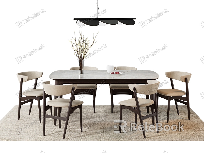 Simple Dining Table and Chair Nordic Dining Table and Chair Antique Potted Fruit Ornaments Carpet Chandelier model