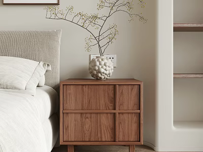 Wooden Brown Nightstand With White Ceramic Vase And Plant Next To Beige Bed In Cozy Bedroom 3d model