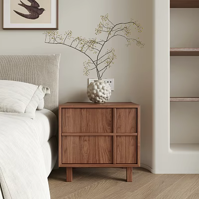 Wooden Brown Nightstand With White Ceramic Vase And Plant Next To Beige Bed In Cozy Bedroom 3d model