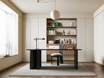 Middle Ancient Study Middle Ancient Desk and Chair Middle Ancient Chandelier-Quiet Chandelier Bookcase Floor Bay Window Laptop Desk Lamp 3d model