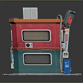 Cartoon Style Two Story Japanese Café Building With Vibrant Red Teal Walls Signboard And Vending Machine